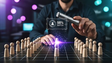 Businessman analyzing data with futuristic tool and 98% match rate