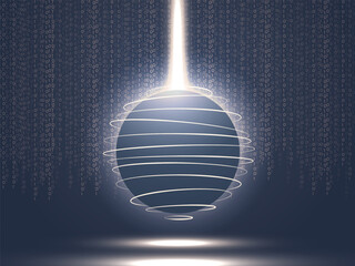 Futuristic AI Deep Learning Sphere Light Beam and surrounded by curved lines on Binary Code Background vector design concept Representing Artificial Intelligence, Neural Network, future of technology.