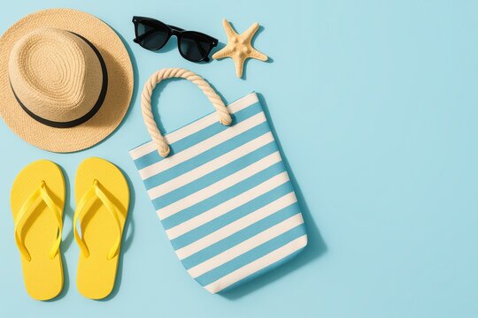 Coastal Escapade: A delightful assortment of essential beach accouterments - sun hat, sunglasses, beach bag, starfish, and flip-flops - invites you to savor a sun-kissed getaway. 
