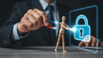 Businessman using magnet to attract wooden figure to digital padlock on screen