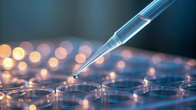 Pipette Dispenses Liquid into Multi Well Plate and Petri Dish in Cancer Research Lab Visual for Laboratory Studies