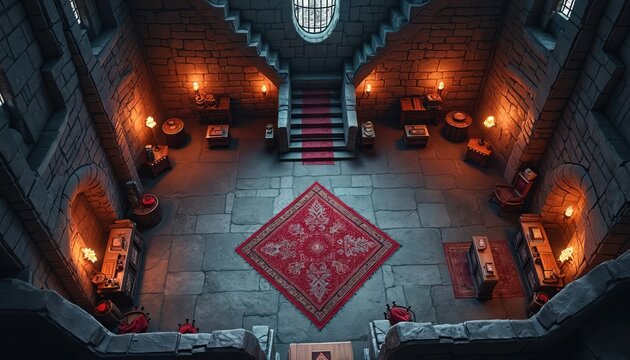 Vampire castle interior with stone walls and floors. Red carpets and antique furniture adorn grand halls. Torches cast warm light creating dramatic atmosphere for tabletop games.