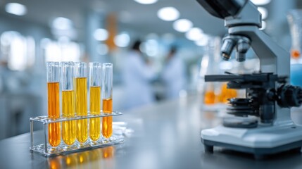 A laboratory scene featuring test tubes with colorful liquids and a microscope, indicating scientific research and experimentation.