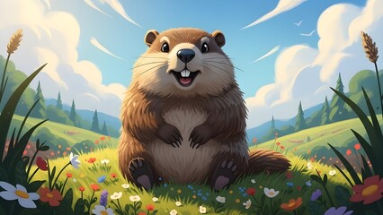 Groundhog day celebration with happy groundhog in blooming meadow