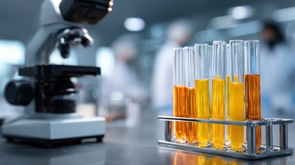 A laboratory setup featuring a microscope and test tubes filled with vibrant liquids, indicating scientific experimentation in progress.
