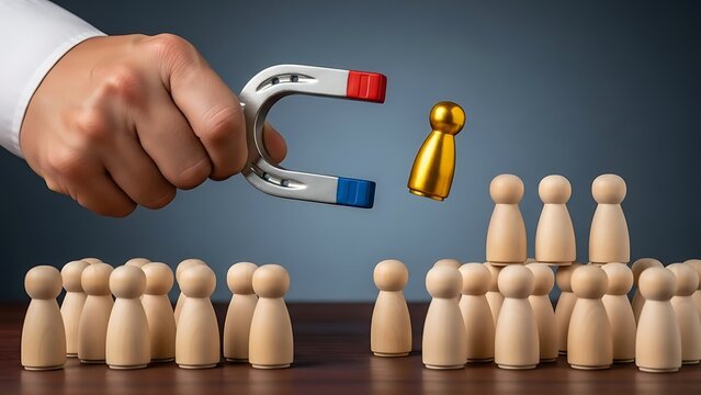 Businessman attracting unique talent with magnet in professional setting