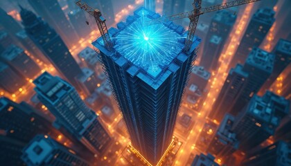 Crane builds skyscraper above glowing city at night. Digital network graphic emanates from top floor. Futuristic urban development advances with tech.