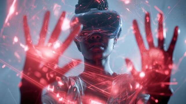 A person wearing virtual reality goggles reaches out with illuminated hands, surrounded by vibrant red light and digital effects. - Powered by Adobe