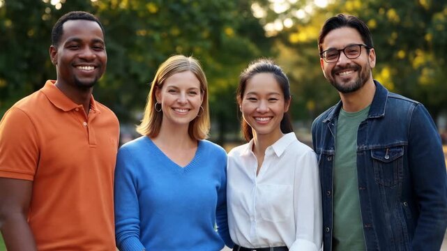 Diverse LGBTQ-Friendly Team in Casual Clothing Smiling Together in a Park