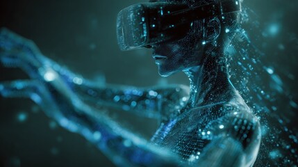 A futuristic figure wearing a VR headset, surrounded by glowing digital particles, symbolizes the immersive world of virtual reality.