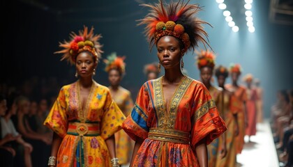 African women models walk on runway show. Models wear vibrant colorful outfits and headwear. Fashion designers present new clothing collection on catwalk event.