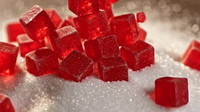 Red translucent candy cubes on white sugar surface with sparkling granular texture and bokeh effect