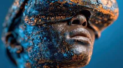A close-up of a futuristic, digital sculpture depicting a face with a virtual reality headset, showcasing intricate patterns and glowing elements.