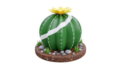Stylized Green Cactus with Yellow Flower on Rocky Base