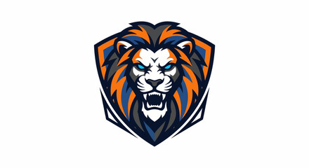 Obraz premium Fierce lion head logo with blue eyes and sharp teeth