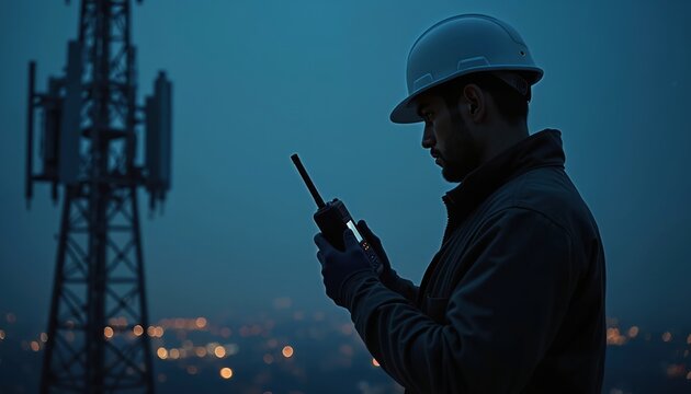 Man in hard hat with radio near cell tower at night. Technician checks signal on equipment over city lights. Wireless network engineer monitors transmission infrastructure.