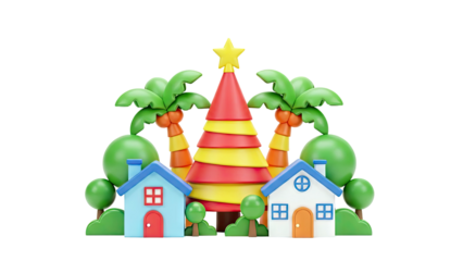3D render of cartoon Christmas village with palm trees