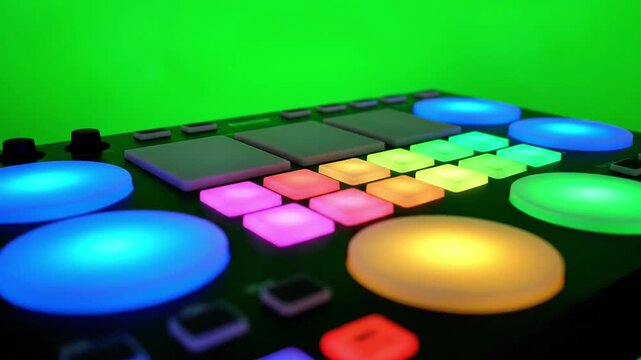A colorful electronic music production controller with various glowing buttons and pads on a green background