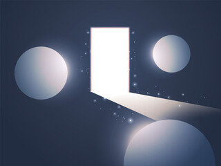 Futuristic vector illustration design of a bright glowing open door at the center surrounded by advanced spheres symbolizing the gateway to the future of technology, innovation, and digital success.
