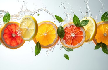 Citrus fruit slices lemon orange grapefruit splash water fresh mint leaves air. Juicy vitamin healthy food refreshing summer drink juice base.