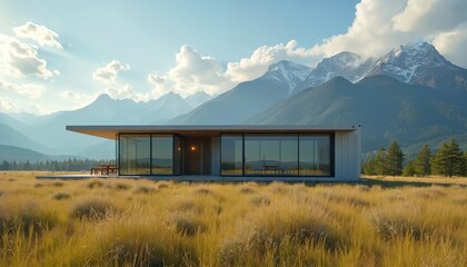 Modern container house with glass walls sits in a wide grassy field before imposing snowy mountains. Pine trees dot the landscape under a clear blue sky with fluffy clouds.