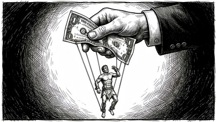 Striking black and white illustration depicting a large hand controlling a chained man with dollar bills as the strings, symbolizing financial subjugation and manipulation.