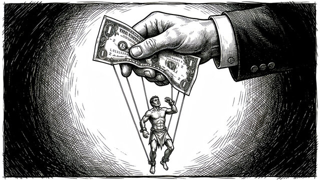 Striking black and white illustration depicting a large hand controlling a chained man with dollar bills as the strings, symbolizing financial subjugation and manipulation.