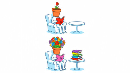 Conceptual illustration depicting the rewarding process of reading, showing personal growth from a single sprout to a vibrant bloom through knowledge acquisition.