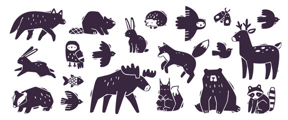 Scandinavian animals stamp set. Doodle forest animals silhouette collection. Wild animals bundle.