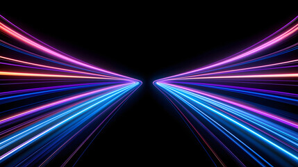 Vibrant light trails create dynamic and futuristic visual effect against black background
