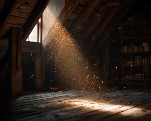 Warm floating dust particles illuminated in a slanted sunbeam inside a cozy, rustic attic or old library with wooden beams and bookshelves