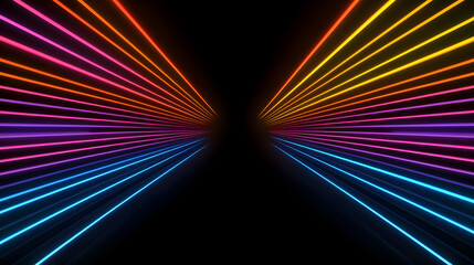 Vibrant neon lines converge in dynamic pattern, creating sense of depth and energy
