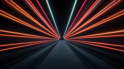 Futuristic tunnel with vibrant neon lights creating dynamic perspective
