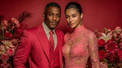 Young couple wearing pink clothes standing against a floral background - ai generative