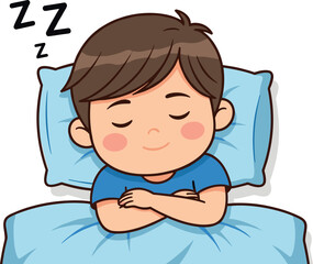 Cute cartoon boy sleeping peacefully in bed with a blue pillow and blanket isolated on white background vector illustration.