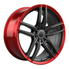 Obraz premium Red and black alloy car wheel isolated on transparent background