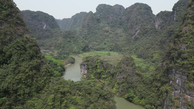 Aerial view of pagoda and karst mountains in Ninh Binh, Vietnam