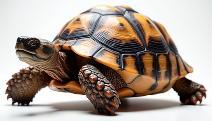 Obraz premium A detailed view of a tortoise with a patterned shell. The reptile walks slowly on a plain white background. Its textured skin and scaly legs are visible in this full-length studio shot.