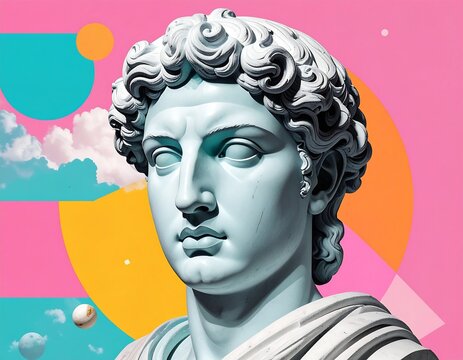 Antique statue against geometric shapes and a vibrant background