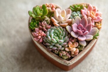 heart-shaped succulent arrangement top-down view, gardening theme for Valentine's Day