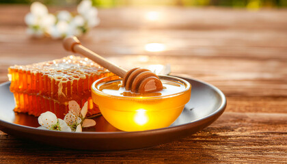 Golden honeycomb and fresh liquid honey in a glass bowl with a wooden dipper on a rustic table.