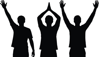 Silhouettes of men raising arms in celebration and greeting gestures, showing expressive body language, communication, victory, and enthusiasm in simple black silhouette style
