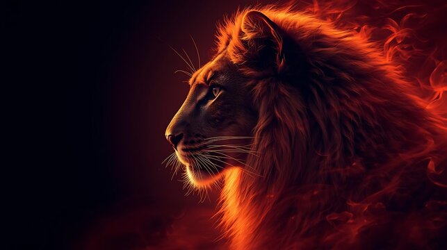 A close-up image of a lion's head, illuminated by the warm, golden hues of a setting sun. The lion's mane flows dramatically, capturing the essence of its regal and powerful nature. The background is 