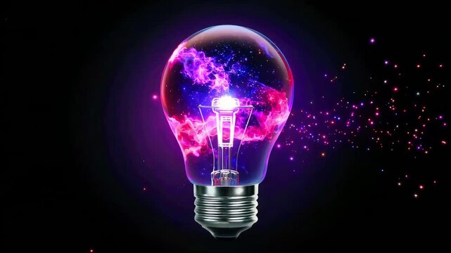 A brilliantly glowing incandescent light bulb contains a vibrant, swirling nebula of pink and purple cosmic energy against a dark void backdrop.