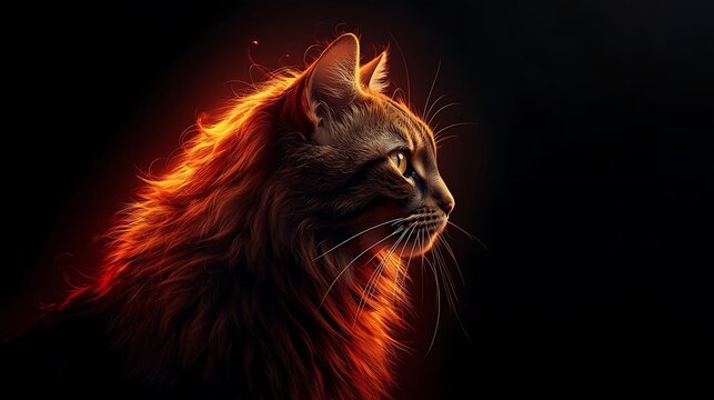 A striking image of a lion's head illuminated by an ethereal, fiery glow. The lion's mane flows dramatically, highlighted by the intense, warm light that contrasts against the dark background. The lio