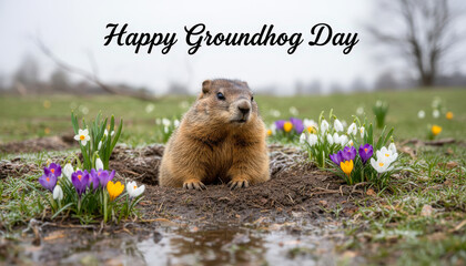 A cute groundhog emerges from its burrow surrounded by colorful spring flowers celebrating Groundhog Day.