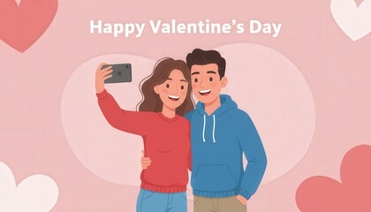 Happy Valentines Day Couple Taking Selfie Together.