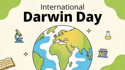 International Darwin Day celebration with scientific symbols and globe.