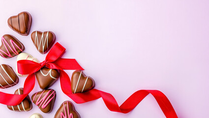 Heart shaped chocolates tied with a red ribbon for Valentines Day celebration.