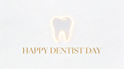 Happy Dentist Day greeting card with a stylized tooth and golden text.